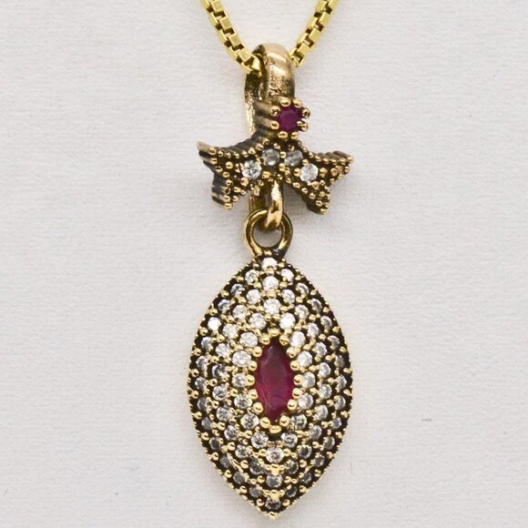 New Womens Ruby & White Sapphire Pendant 925 Silver &14kt Gold